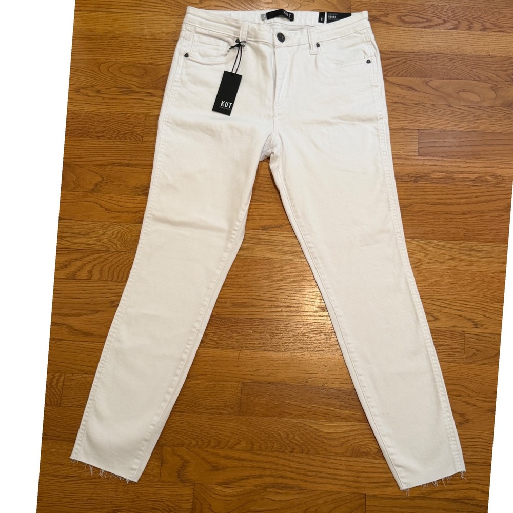 Kut from the Kloth Donna High Rise Ankle Skinny Jeans White Raw Hem Size 8 NEW
